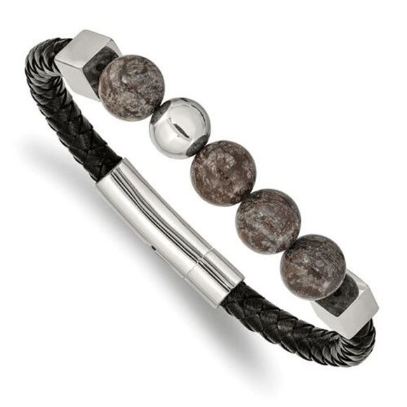 Chisel Stainless Steel Polished with Labradorite Beads Black Leather 8.5 inch Br - Picture 1 of 5